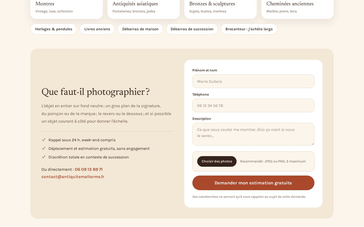 Formulaire d'estimation avec envoi de photos