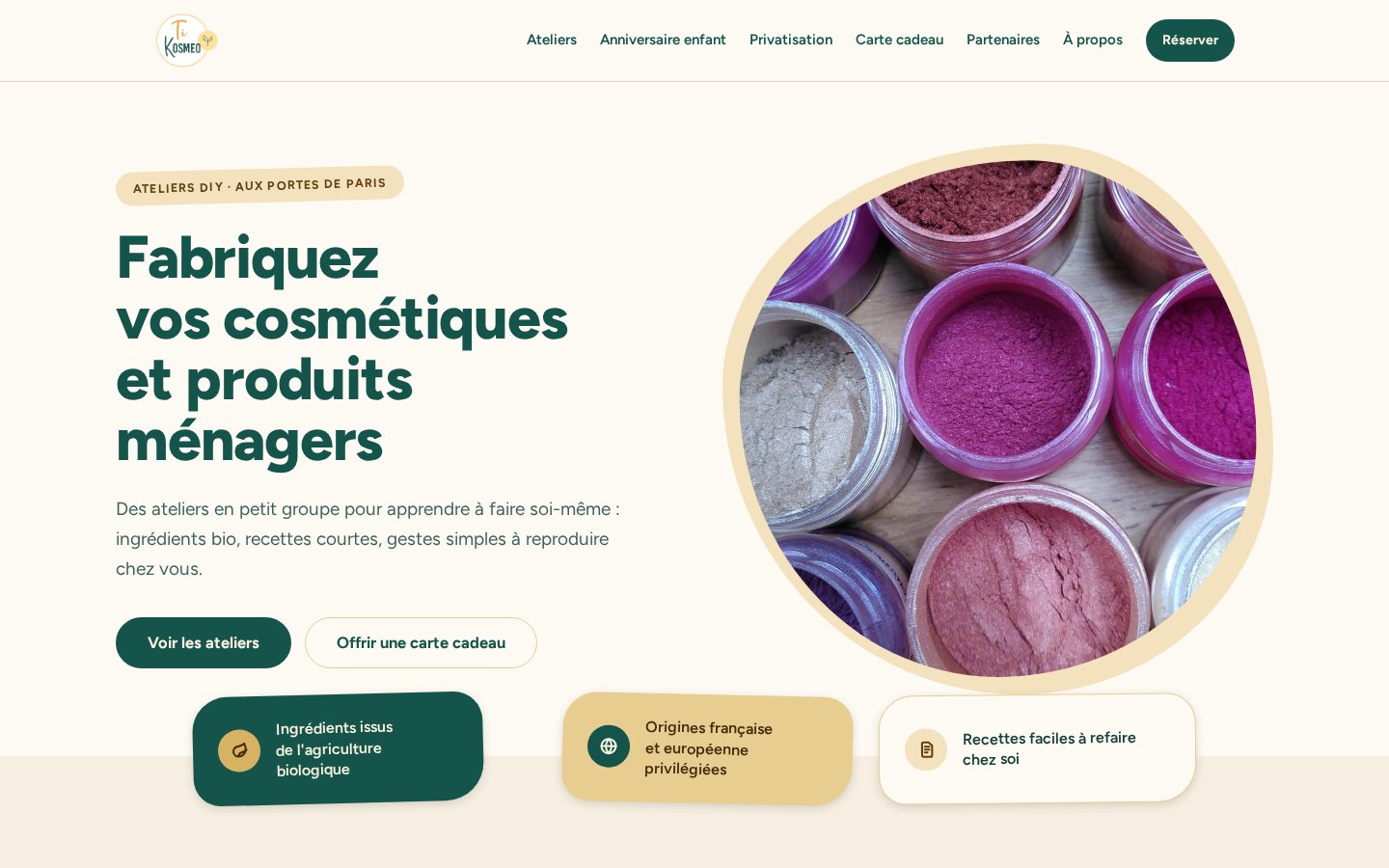 Page d'accueil du site Ti Kosmeo, ateliers de cosmétiques naturels à Boulogne-Billancourt