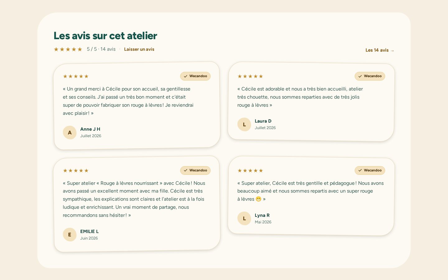 Avis clients sur une fiche atelier Ti Kosmeo